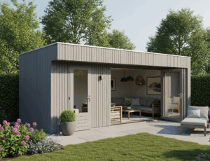 houten bergingen met loungehoek en schuur in grijs hout