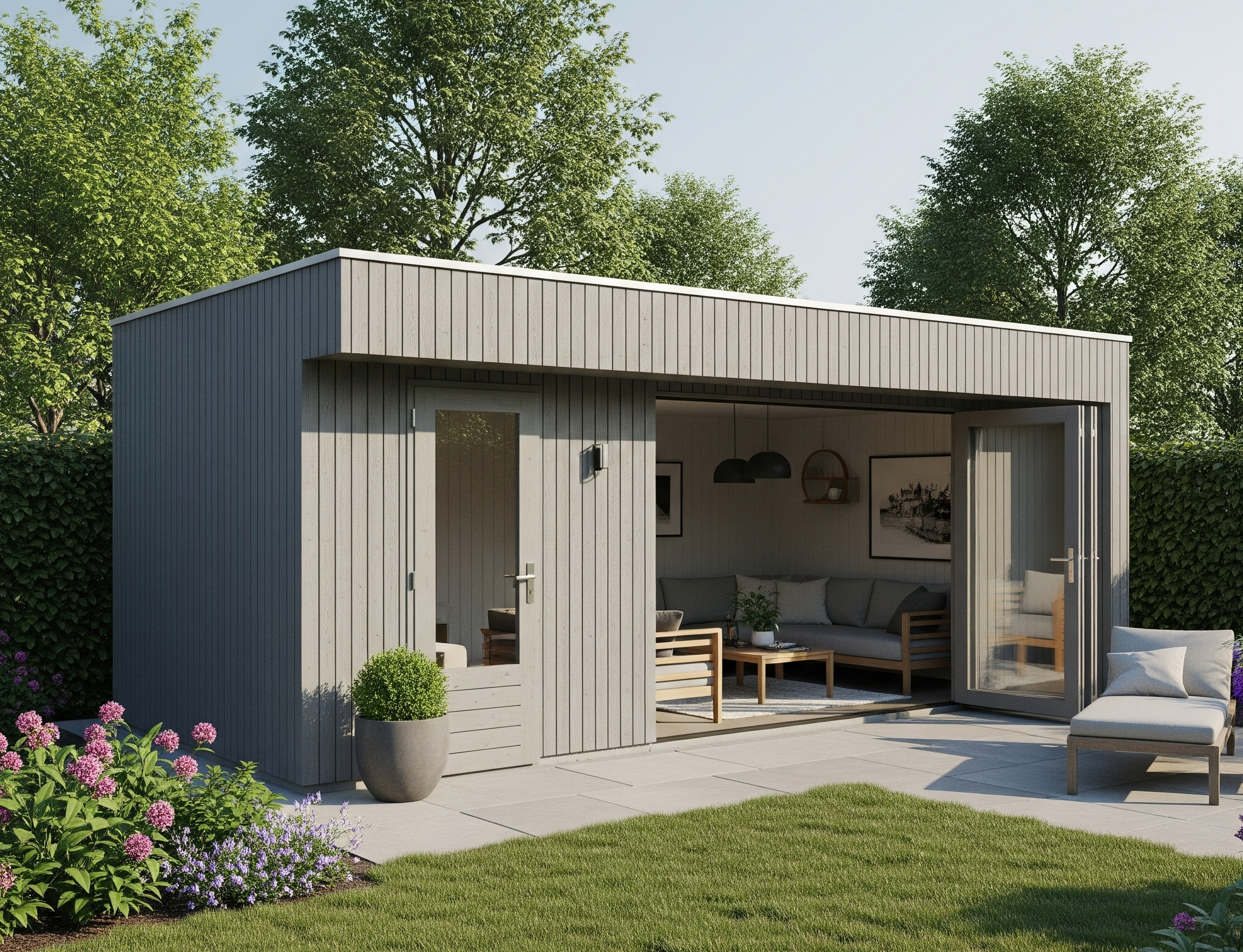 houten bergingen met loungehoek en schuur in grijs hout
