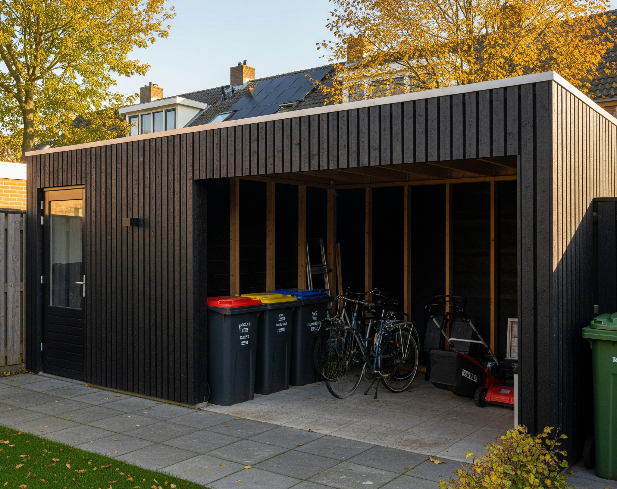 maatwerk houten berging met overkapping in antraciet