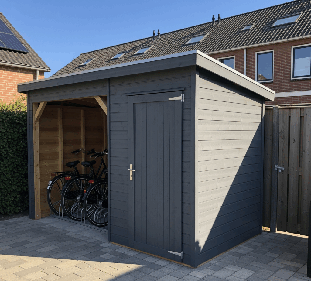 een fietsenstalling van hout laten maken