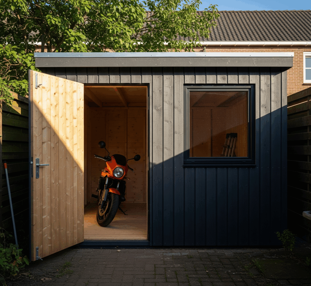 houten motorberging in de tuin op maat gemaakt door xwood
