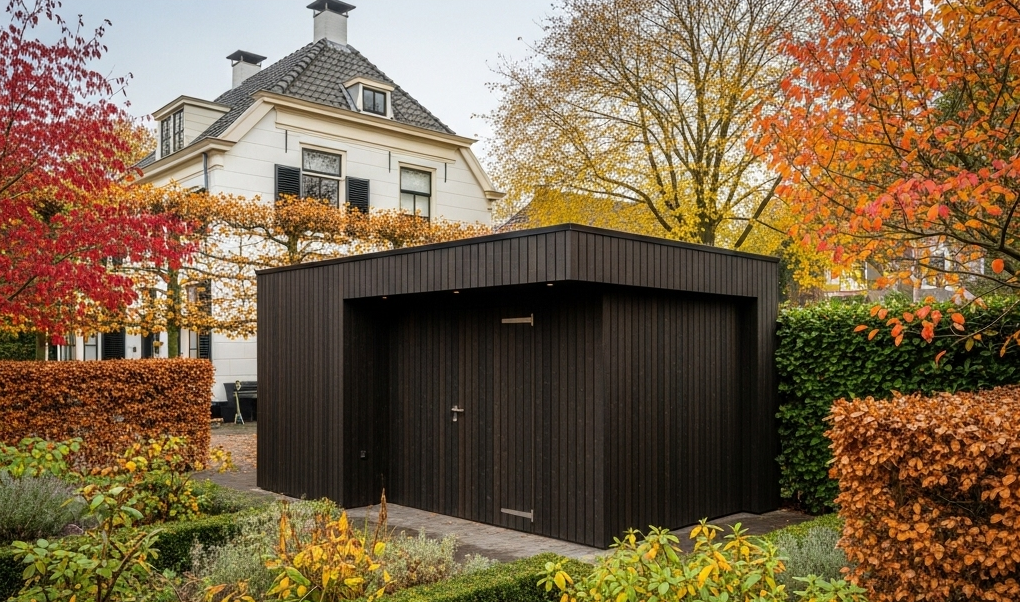 prefab buitenberging met overstek donkerbruin in doetinchem